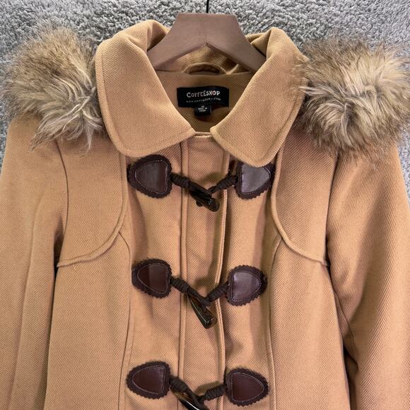 Coffee Shop Coat Womens Medium tan Long Sleeve Button Up Jacket faux fur hooded - Picture 3 of 15